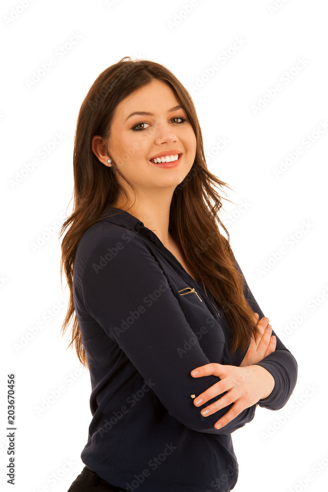 Attractive young woman in blue shirt isoalted over white Attractive young woman in blue shirt isoalted over white