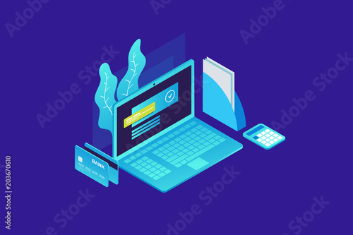 Workplace in office. Isometric image of laptop, calculator and bank cards on blue background. Vector illustration.