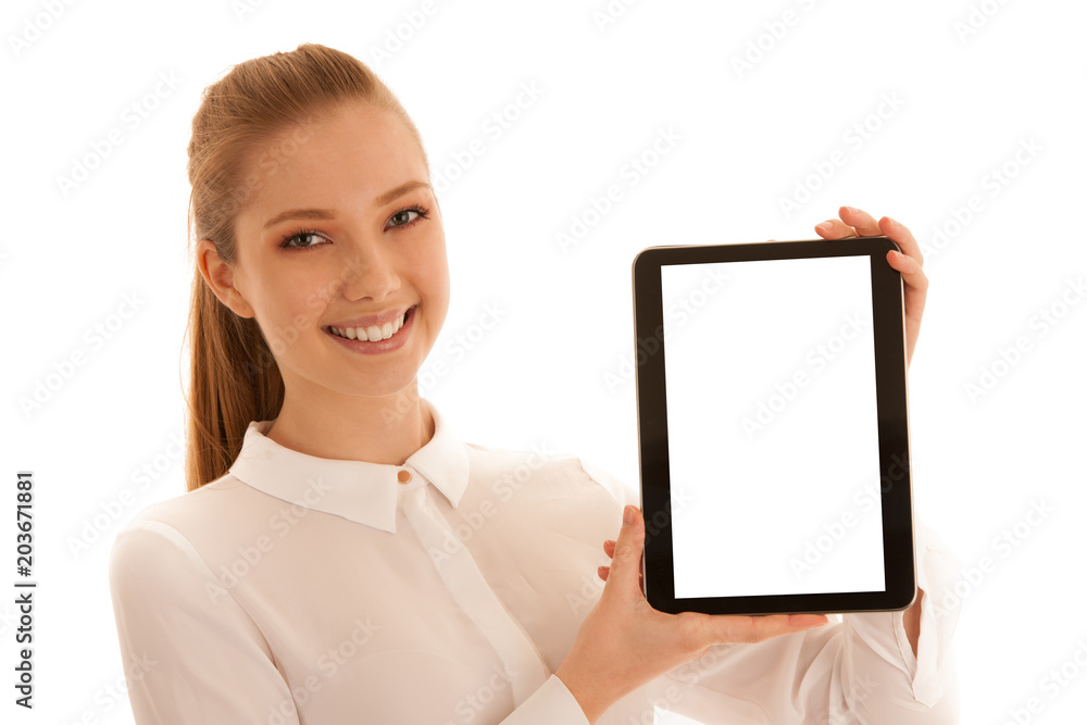 Beautiful business woman shows blank monitor on tablet isolated over white Beautiful business woman shows blank monitor on tablet isolated over white