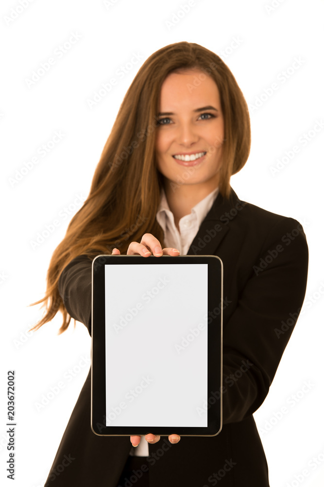 Beautiful young woman shows tablet with blank display - copy space for additional text or graphoc Beautiful young woman shows tablet with blank display - copy space for additional text or graphoc