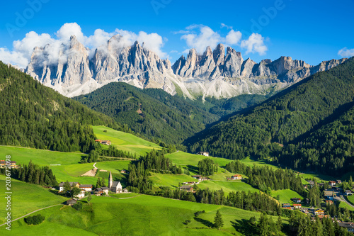 Val di Funes valley  Santa Maddalena touristic village in Dolomites  Italy
