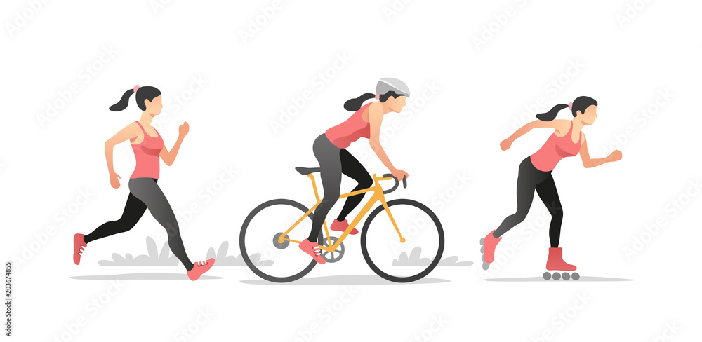 Set of linear drawing active young woman. Roller skating, bicycling, running. Healthy lifestyle. Vector illustration.