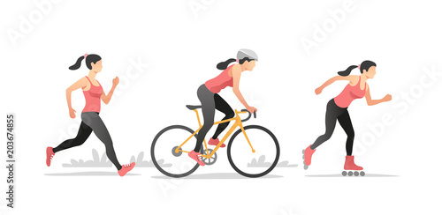 Set of linear drawing active young woman. Roller skating, bicycling, running. Healthy lifestyle. Vector illustration.