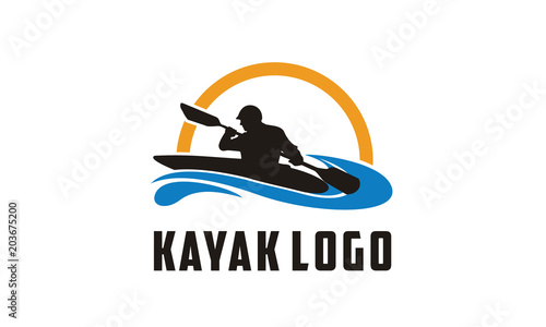 Kayak boat paddle pedal, silhouette of river stream kayaker logo design 