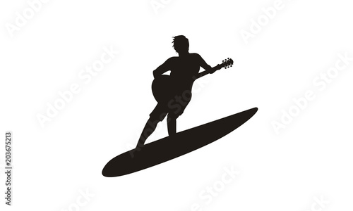 Surfer Guitarist, Surf Surfboard Guitar Music Ukulele Sea Ocean Beach logo design inspiration