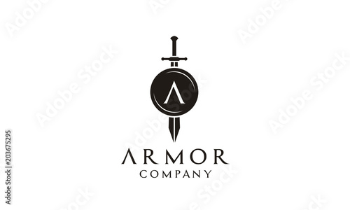 Shield Armor Sword Initial Letter A for Military Legal Insurance logo design inspiration	