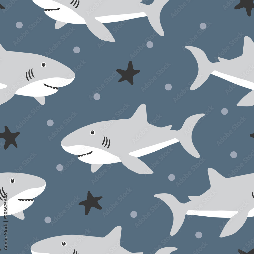 Obraz premium wektor wzór tła z zabawnymi rekinami dla dzieci do tkanin, tekstyliów