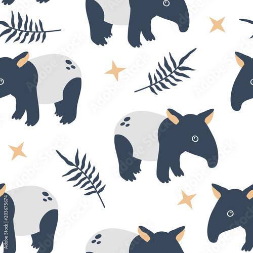 vector seamless background pattern with funny baby tapir for fabric, textile