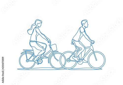 Happy young couple riding on bicycle. Vector illustration.