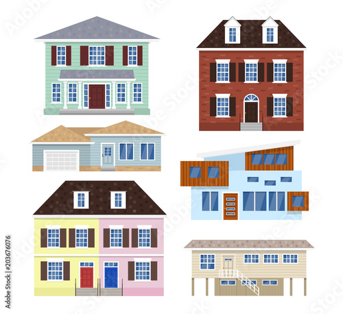 suburban houses cottage set on white background