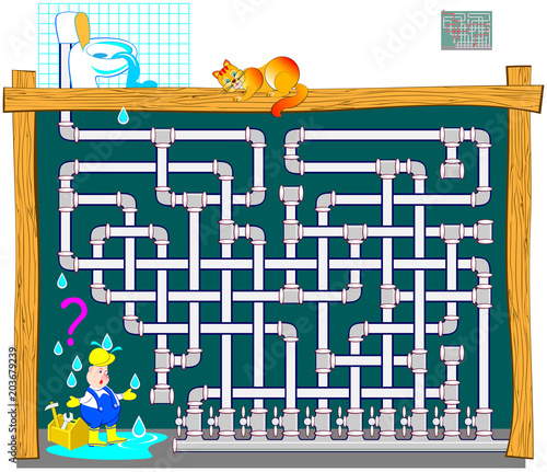 Logic puzzle game with labyrinth for children and adults. Find which faucet the plumber should to close. Vector cartoon image.