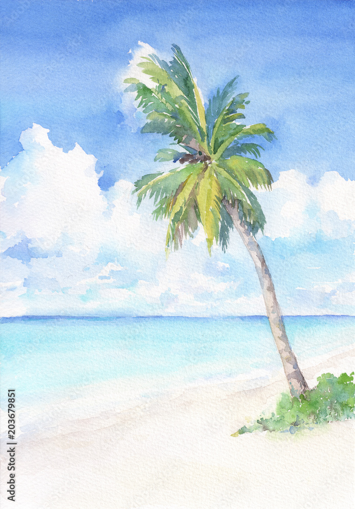 Obraz Raj tropikalna plaża z palmą. Dłoń akwarela ilustracja.