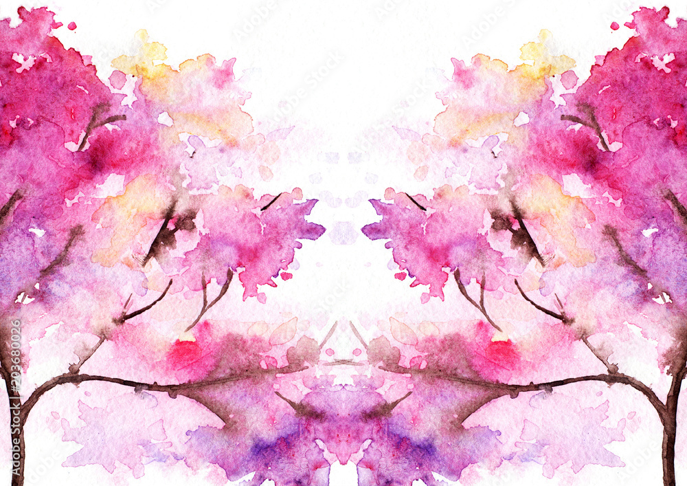 Watercolor pink cherry sakura tree pattern texture background backdrop card invitation template