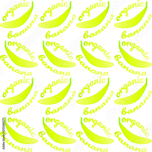 Seamless pattern with bananas and text- organic banana. Bright yellow contour on white background. Vector illustration for design textiles, wallpapers, postcards, poster, labels mock-up.