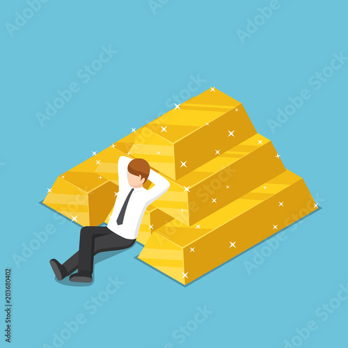 Isometric businessman resting with the pile of gold bar.