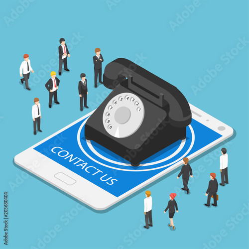 Isometric classic telephone on tablet PC with contact us text