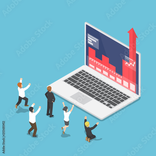 Isometric business people happy when graph growth up through laptop monitor.