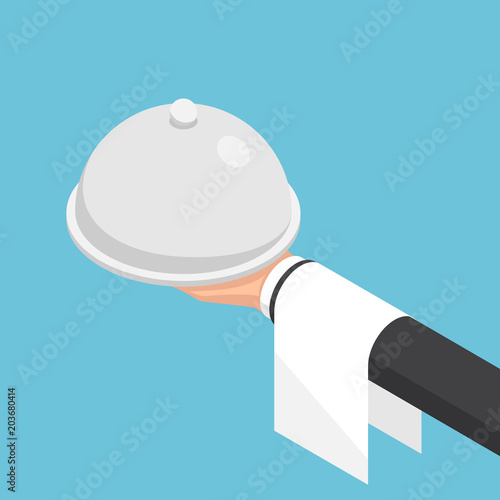 Isometric businessman hand holding cloche and tray.