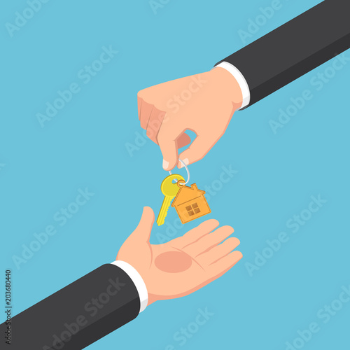 Isometric businessman hand giving golden house key