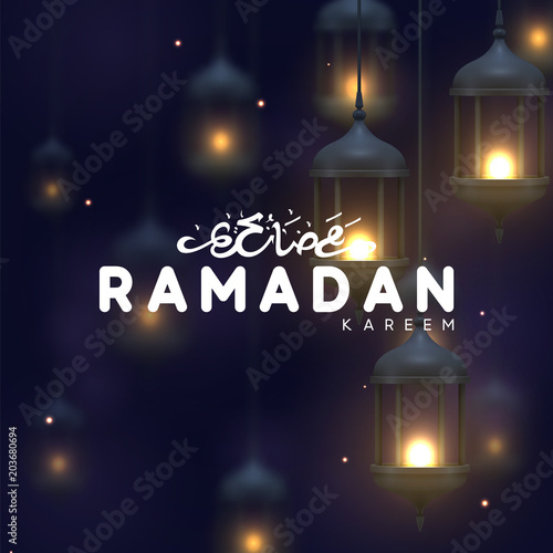 Wallpaper Mural Ramadan greeting card with arabic calligraphy Ramadan Kareem. Realistic old Arabic lamps lanterns with shiny fire hanging on dark background. Islamic holiday vector banner Torontodigital.ca