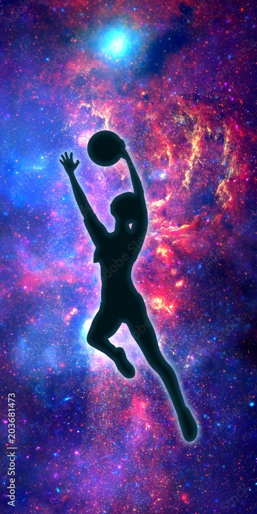 Basketball player. Girl jumping and catching the ball. Elements of this image furnished by NASA. Deep space filled with stars, nebula and galaxy. Cutout silhouettes.