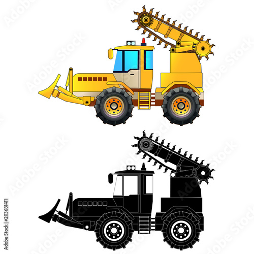 Digger tractor with chain saw. Vector