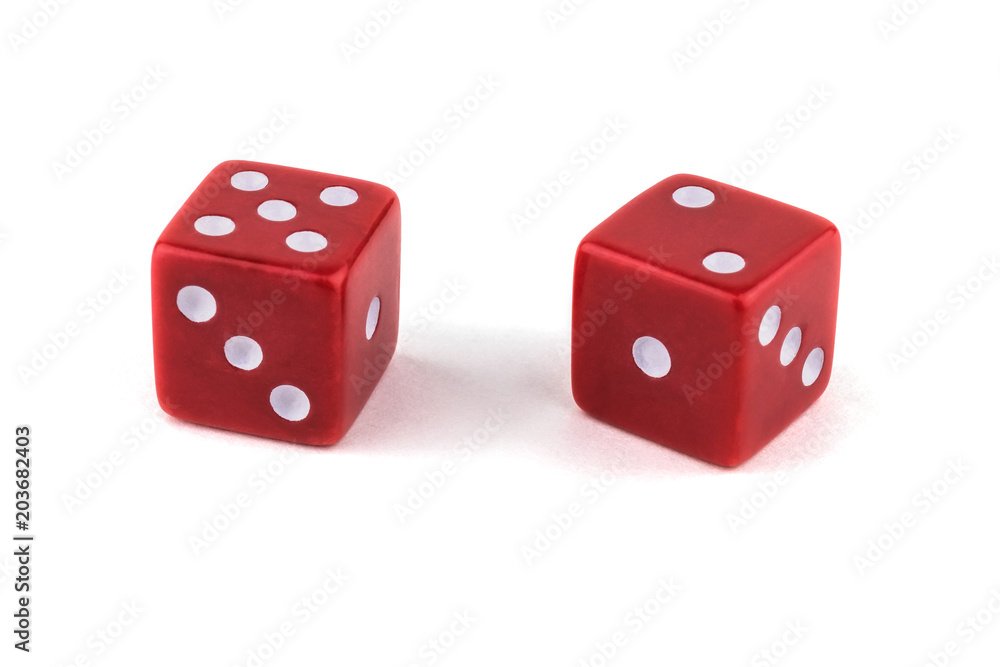 Two red dice, close-up isolated on white background.Five and two. Two red dice, close-up isolated on white background.Five and two.