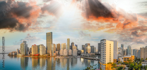 Panoramic aerial view of Downtown Miami and Brickell Key at sunrise © jovannig