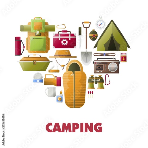 Summer camping vector poster of camp tools icons