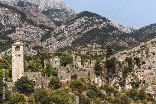 Historic Bar fortress in front of a mountain range, Montenegro