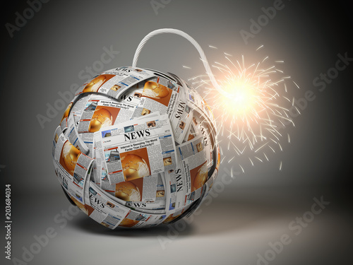Breaking hot news concept. Bomb from newspapers with wick and sparks.