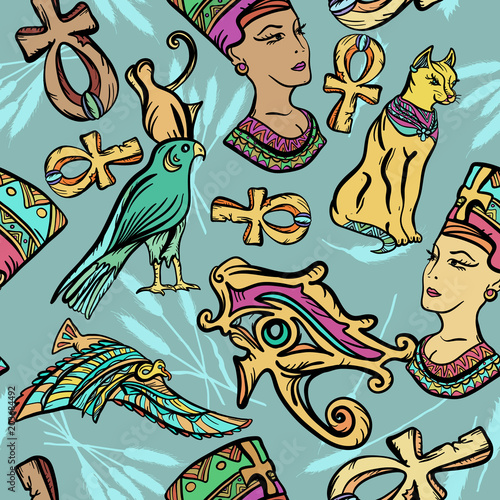 Ancient Egypt art pattern. Classic flash tattoo, patches and stickers. Ancient Egypt seamless pattern, old school tattoo. Ankh, eye Ra, Nefertiti, cat