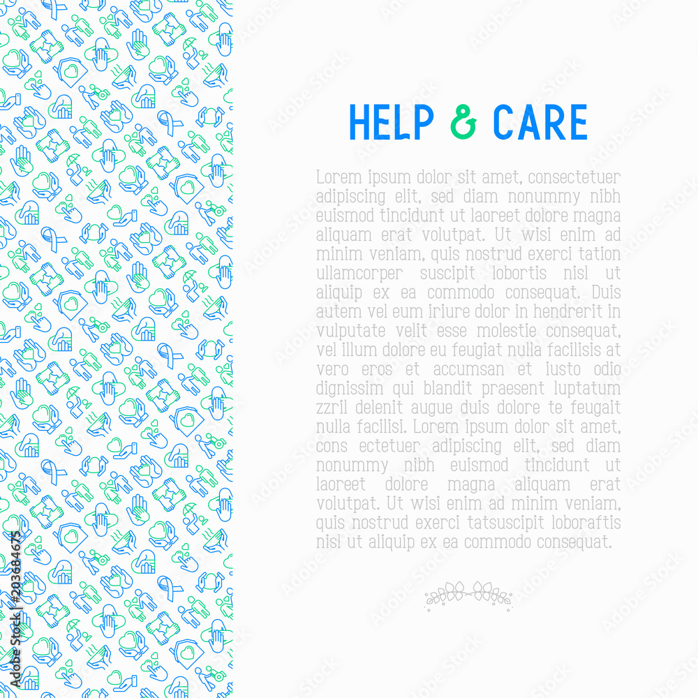 Help and care concept with thin line icons: symbols of support, help for children and disabled, togetherness, philanthropy and donation. Modern vector illustration, template for print media. Help and care concept with thin line icons: symbols of support, help for children and disabled, togetherness, philanthropy and donation. Modern vector illustration, template for print media.
