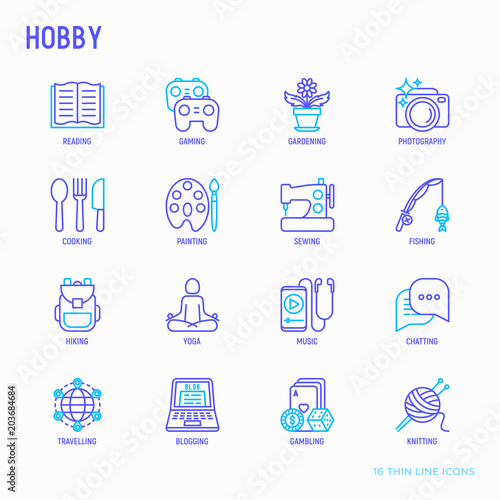Hobby thin line icons set: reading, gaming, gardening, photography, cooking, sewing, fishing, hiking, yoga, music, travelling, blogging, knitting. Modern vector illustration.