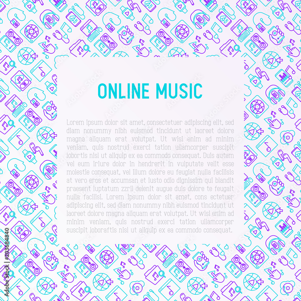 Online music concept with thin line icons: smartphone with mobile app, headphones, earphones, equalizer, speaker, smart watch, note, subscription. Modern vector illustration, print media template. Online music concept with thin line icons: smartphone with mobile app, headphones, earphones, equalizer, speaker, smart watch, note, subscription. Modern vector illustration, print media template.