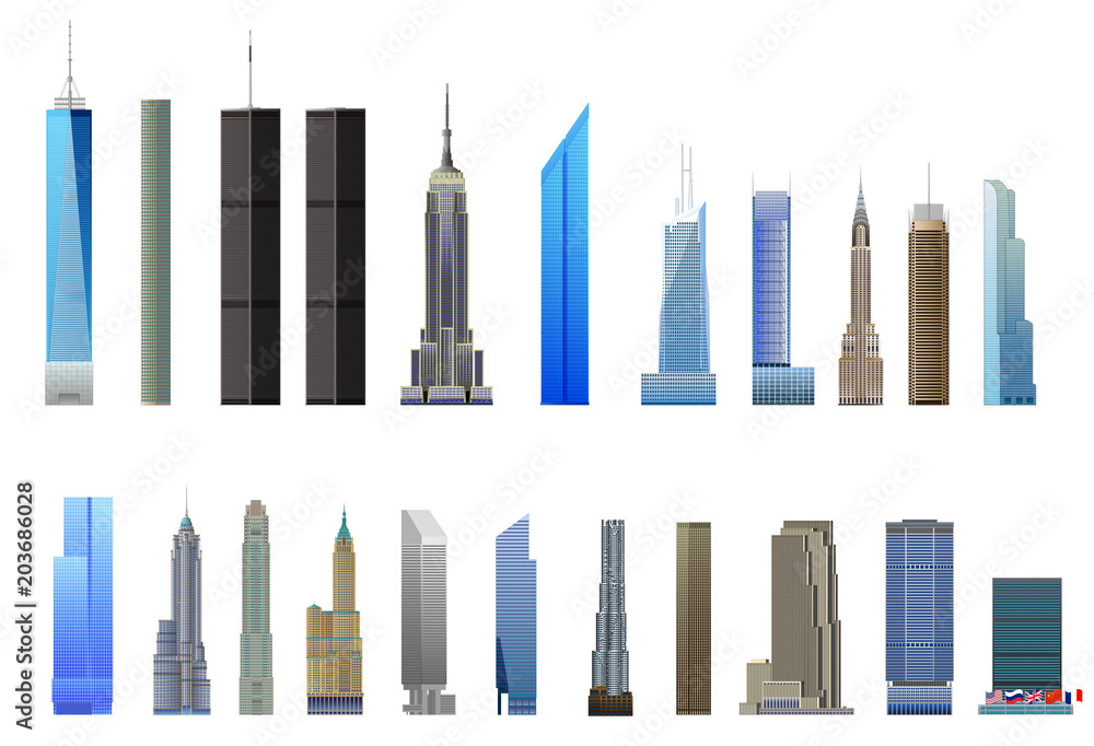 New York City skyscrapers set, isolated