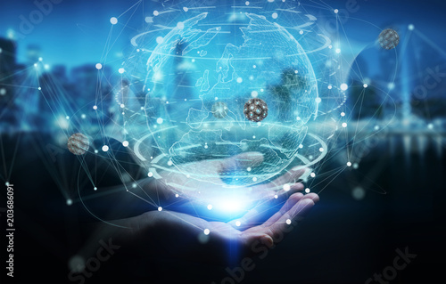 Businesswoman using globe network with digital connection 3D rendering