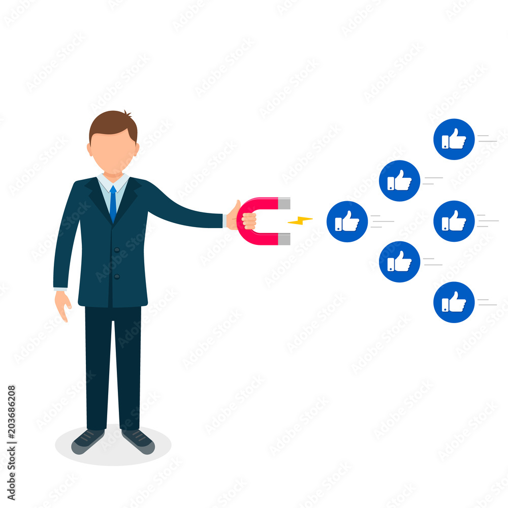 Young man attracting likes with a huge magnet, editable flat vector illustration. Social media marketing concept Young man attracting likes with a huge magnet, editable flat vector illustration. Social media marketing concept