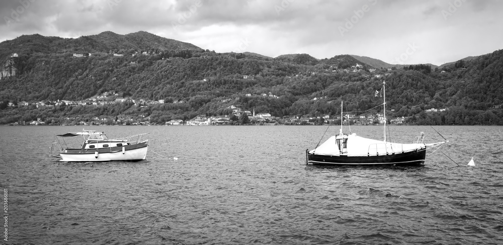 Lake Orta: Boats moorage. Black and white photo