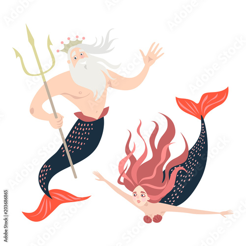 Funny cartoon mermaid and triton. Fairy tale characters Cute isolated vector illustrations on white background