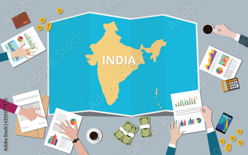 india country growth nation team discuss with fold maps view from top