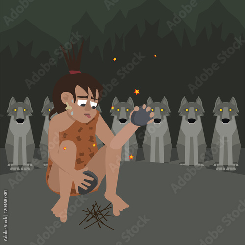 caveman at night surrounded by predators vector cartoon