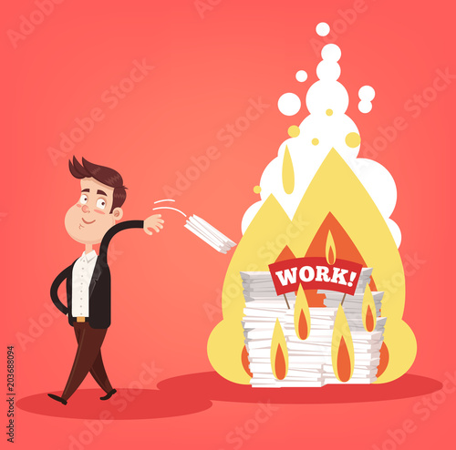 Office worker businessman character throw in fire paper work documents. Secret privet information destroying concept elements. Vector flat cartoon design graphic isolated illustration