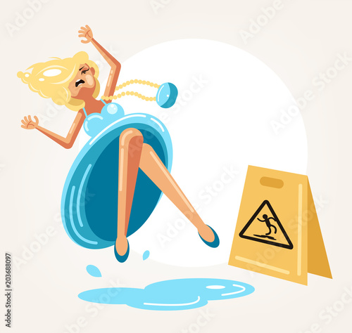 Inconsiderate woman character do not see warning yellow sign and slips fall on wet floor. Recklessness folly concept element. Vector flat cartoon design graphic isolated illustration