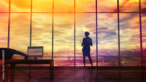 Improve the environmental situation, the silhouette of a woman in the office