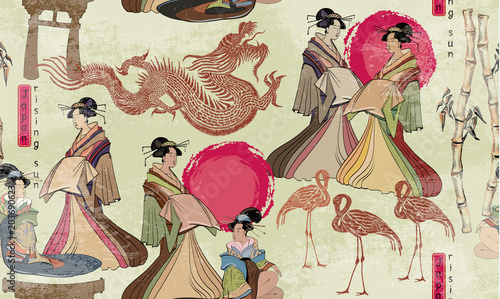 Traditional Japanese culture, red sun, dragons and geisha woman. Japanese and Chinese culture seamless pattern