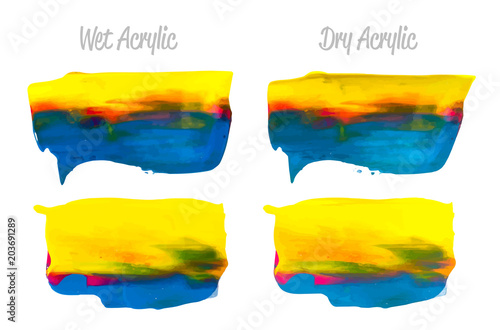 Vector purple  blue  yellow paint smear stroke stain set. Abstract acrylic textured art illustration. Acrilyc Texture Paint Illustration. Hand drawn brush strokes vector elements. Acrilyc strokes.