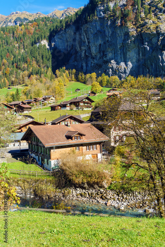 Traditional Chalets of village in Lauterbrunnen Valley, Bernese Highlands, Switzerland