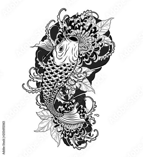 Carp fish and chrysanthemum tattoo by hand drawing.Tattoo art highly detailed in line art style.