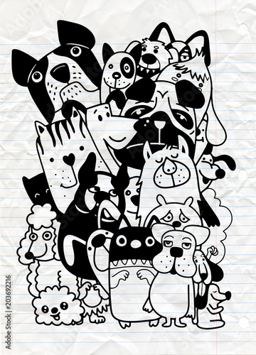 Fototapeta Ręcznie rysowane zabawne psy w stylu doodle